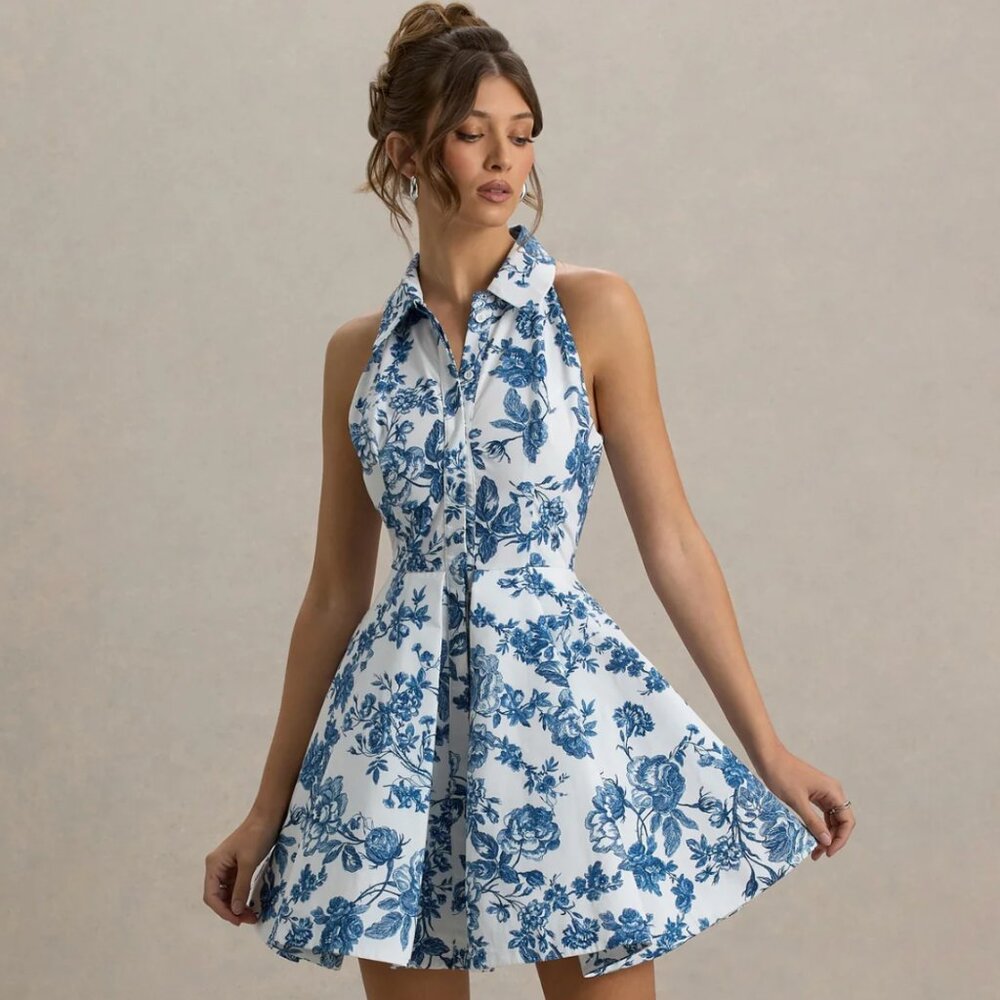 SOLD Club L London Paulie Blue Porcelain Print Poplin Skater Mini Dress Size 4